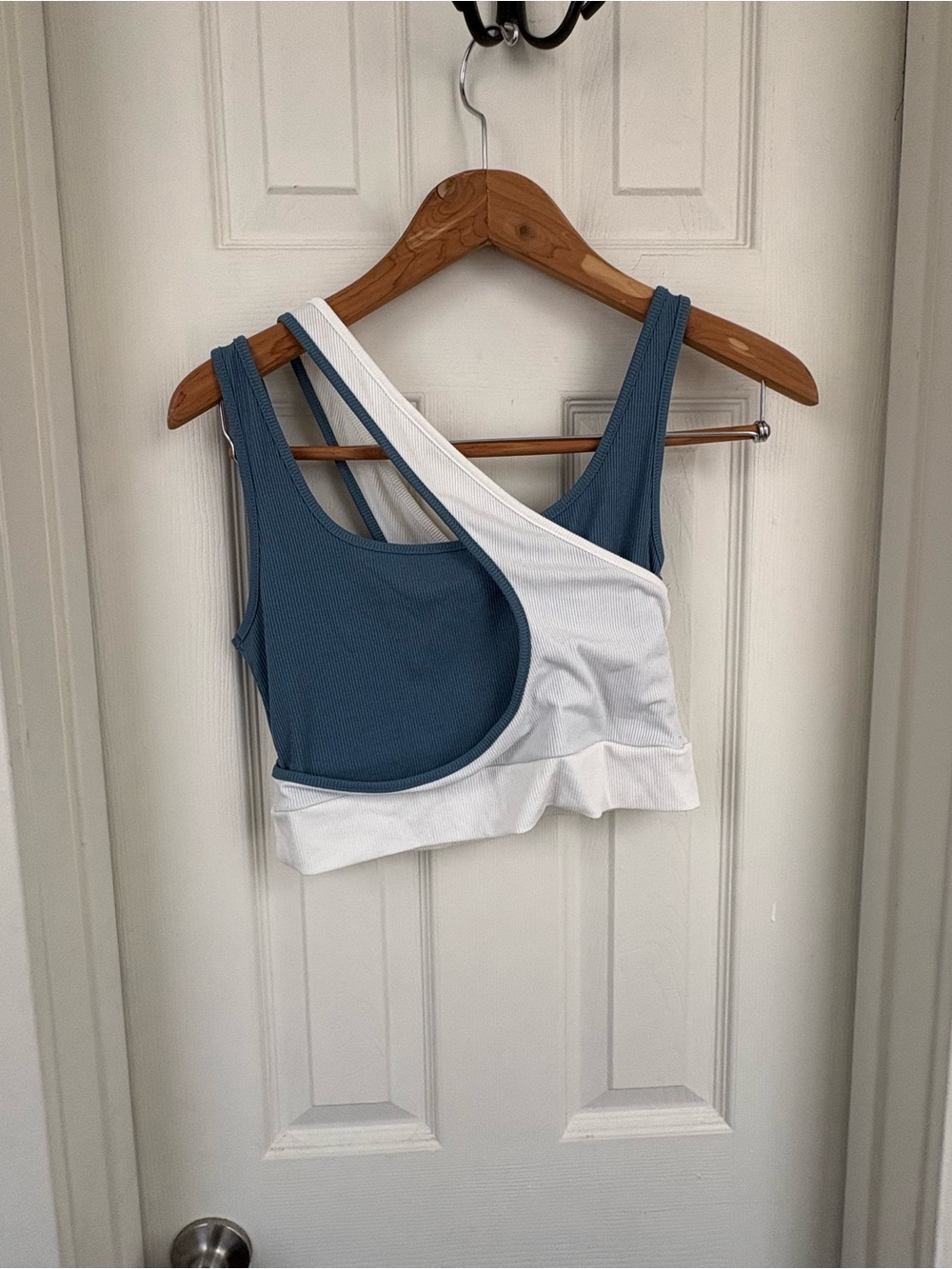 Cider Blue and White Asymmetric Strappy Sports Bra